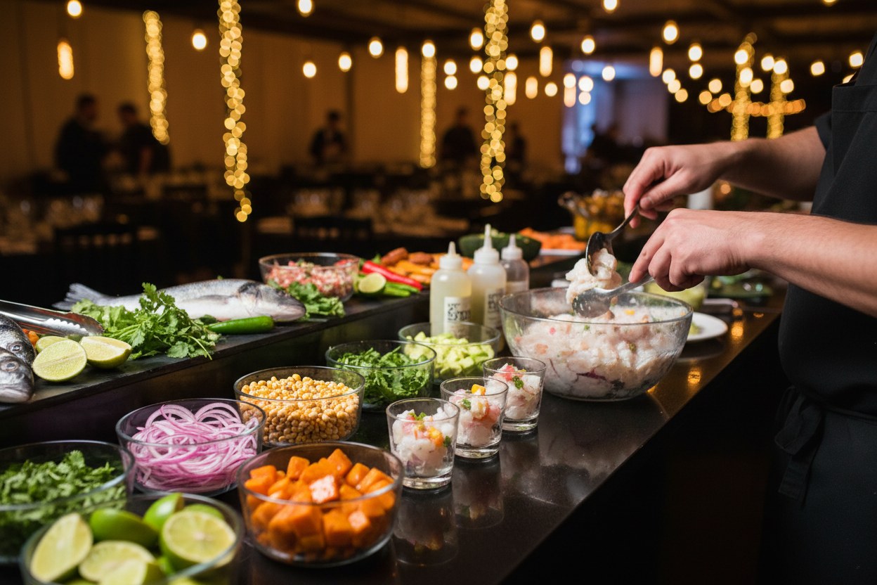 Cevichero preparando cebiche en vivo en un evento en Lima