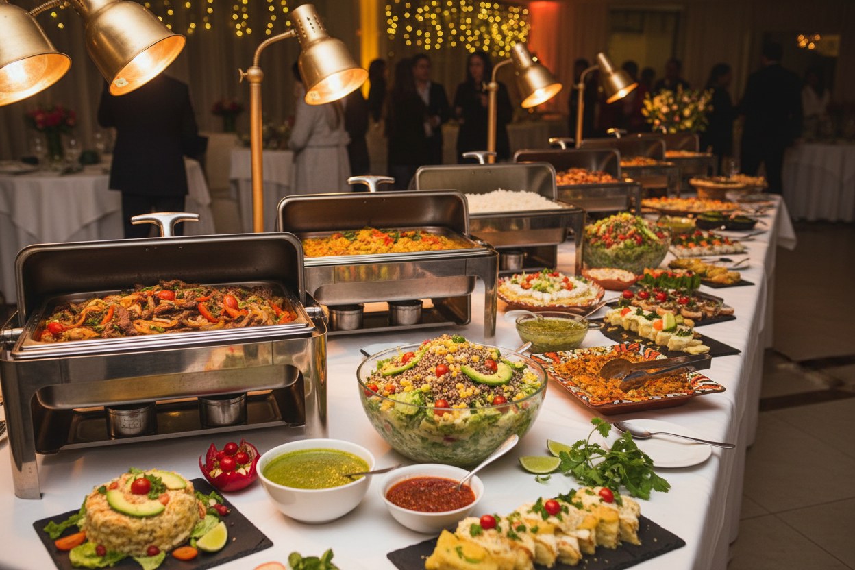 Buffet criollo con lomo saltado y guarniciones bajo lámparas cálidas